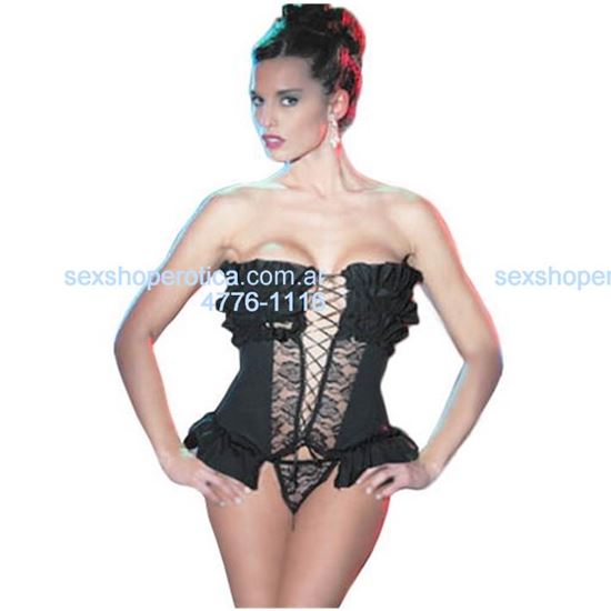 Corset Retro Encaje Microfibra Con Voladitos Mas Tanga